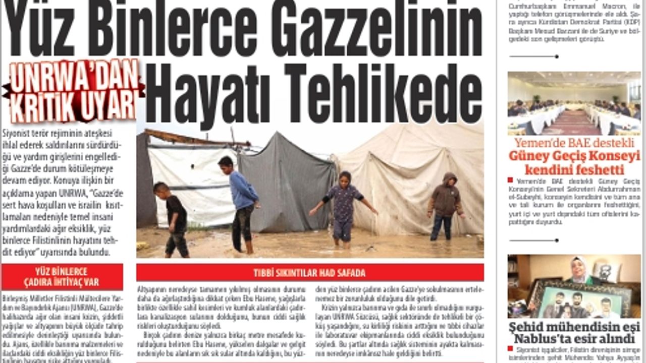 UNRWA’dan kritik uyarı:  YÜZ BİNLERCE GAZZELİNİN  HAYATI TEHLİKEDE