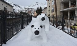 Tır şoförünün kardan yaptığı anne ve yavru ayı figürleri ilgi gördü