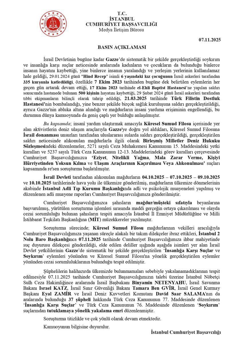 İstanbul Cumhuriyet Başsavcılığı’ndan Netanyahu hakkında yakalama emri!